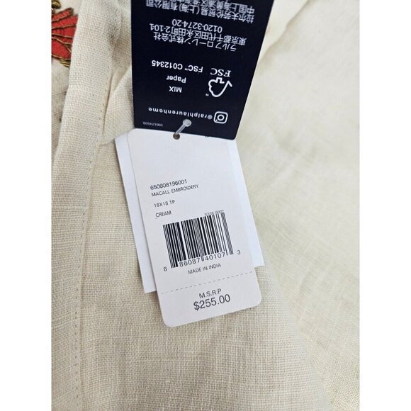 New Ralph Lauren Macall Embroidery Pillow Cover 18x18 Cream Floral Linen - Picture 5 of 5